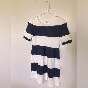 Girls Stylish Navy and White Thick Striped Short Sleeve Dress With Gold Buttons